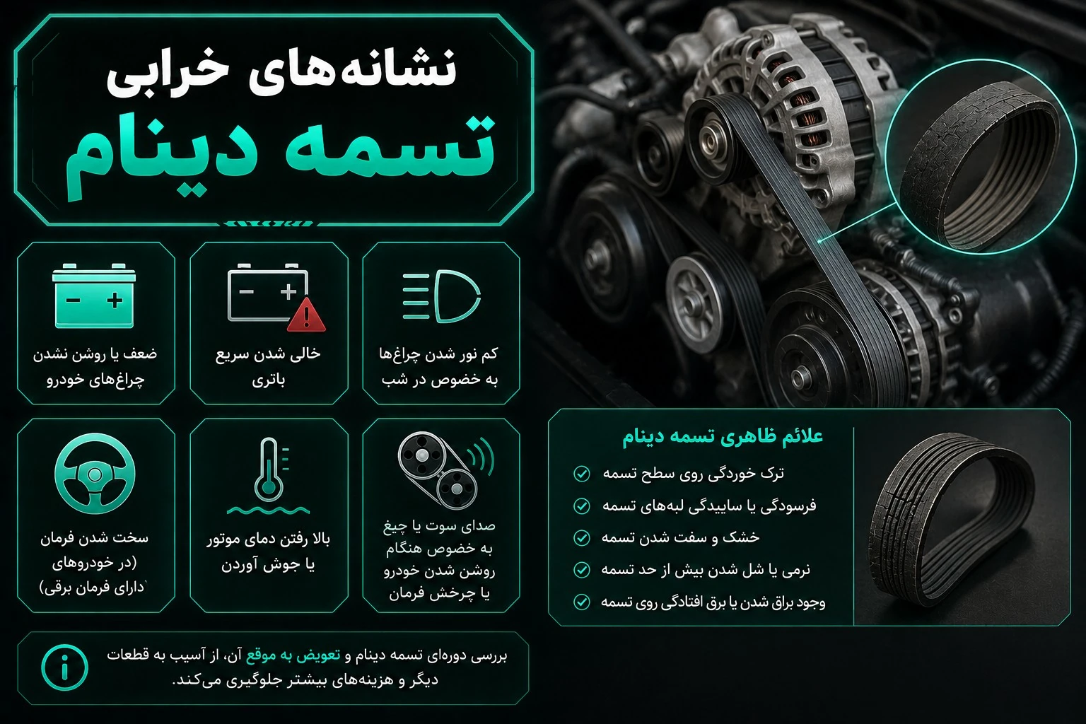 نشانه های خرابی تسمه دینام؛ علائم، دلایل خرابی و زمان تعویض